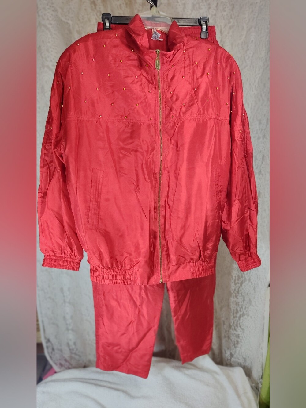 Fuda International Silk Red Lightweight Zip Jacket And Pant Set Luxury Lounging